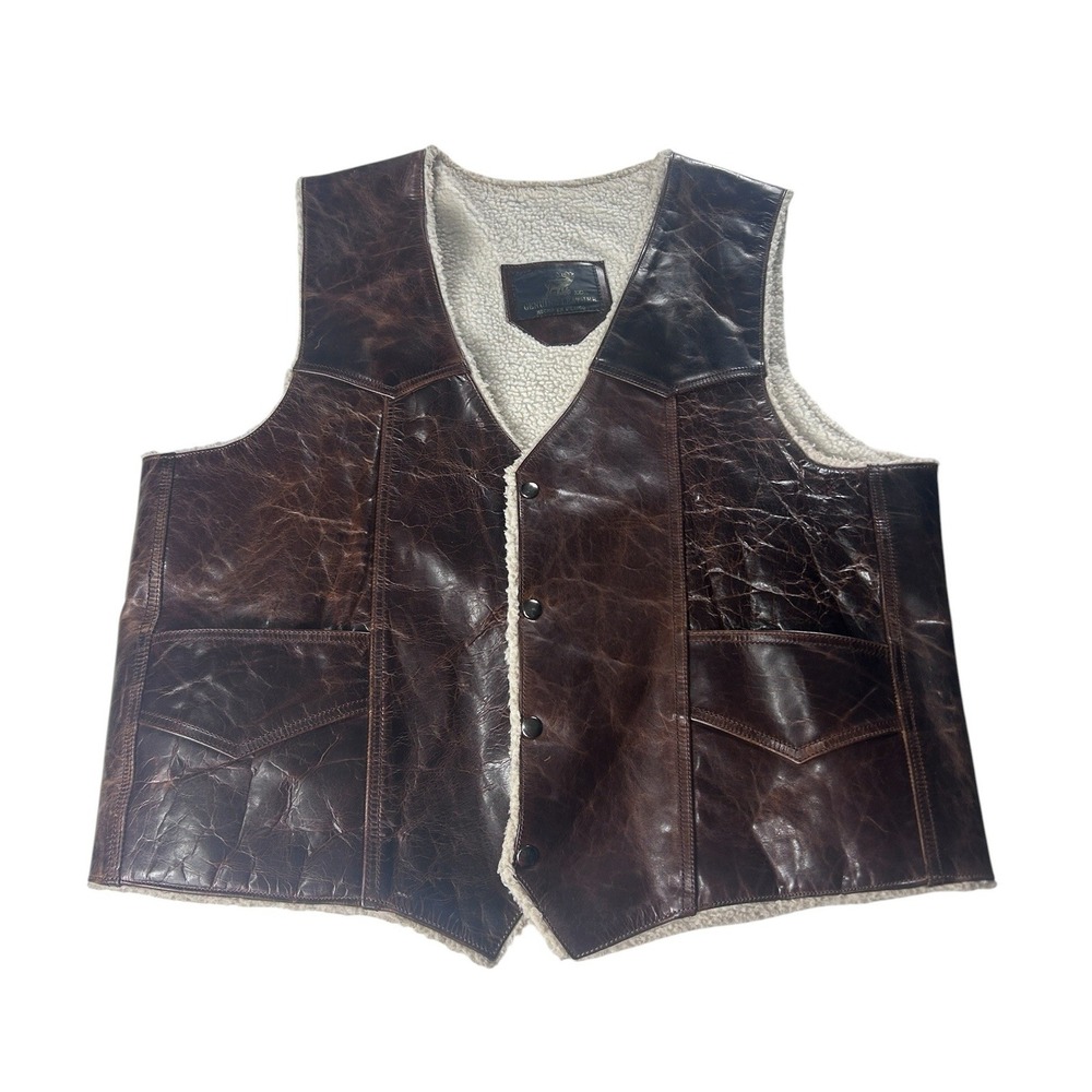 Genuine Leather Brown‎ Sherpa Lined Western Biker Vest Mens XXXL Hecho En Mexico